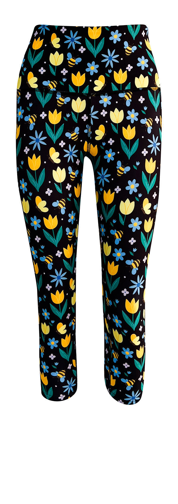 Black leggings with colorful tulip, forget-me-not, daisy, and bumblebee print and deep side pockets