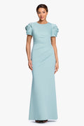 Sage “Cami” Techno Scuba With Flower Shoulder Dress, front view