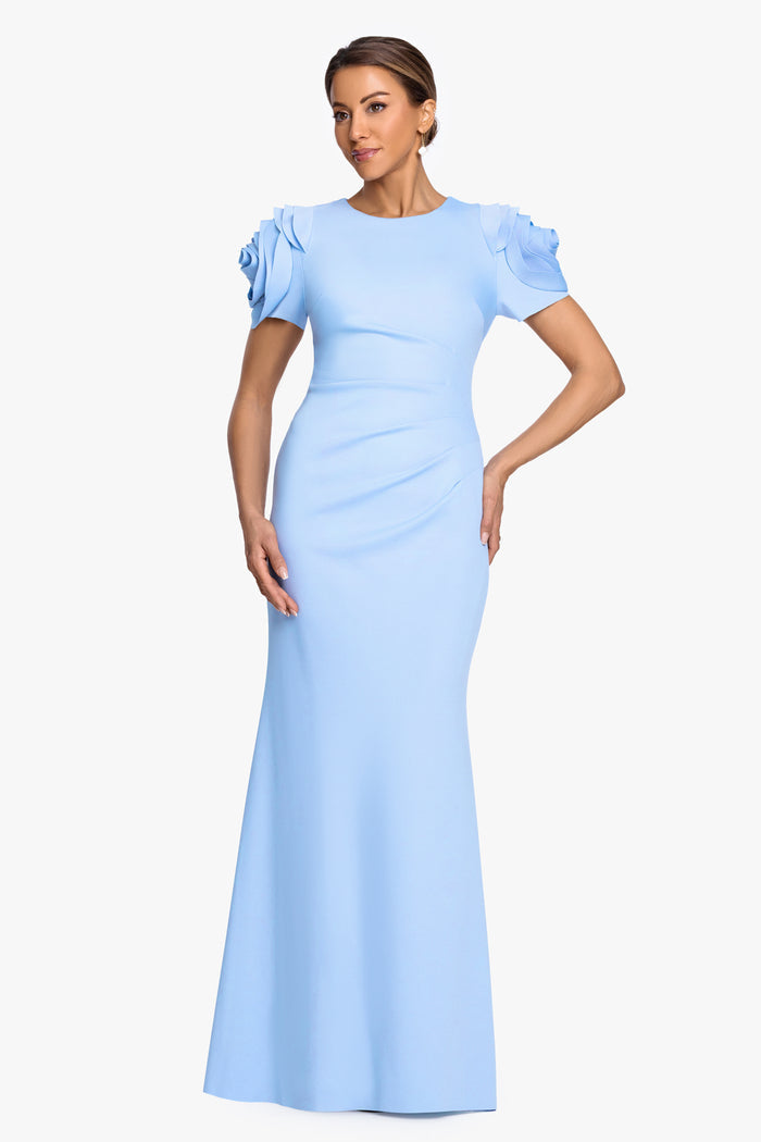 Periwinkle “Cami” Techno Scuba With Flower Shoulder Dress, front view