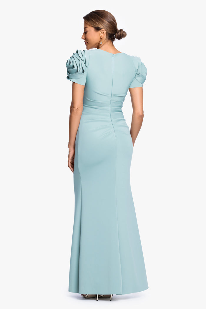 Sage “Cami” Techno Scuba With Flower Shoulder Dress, back view