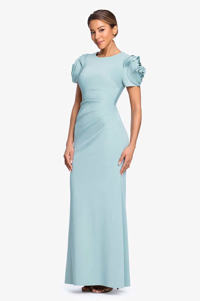Sage “Cami” Techno Scuba With Flower Shoulder Dress, angled three-quarter view