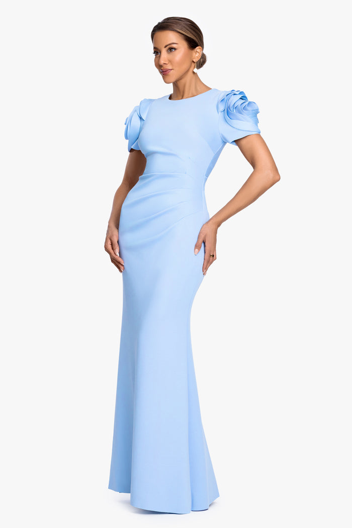 Periwinkle “Cami” Techno Scuba With Flower Shoulder Dress, angled three-quarter view