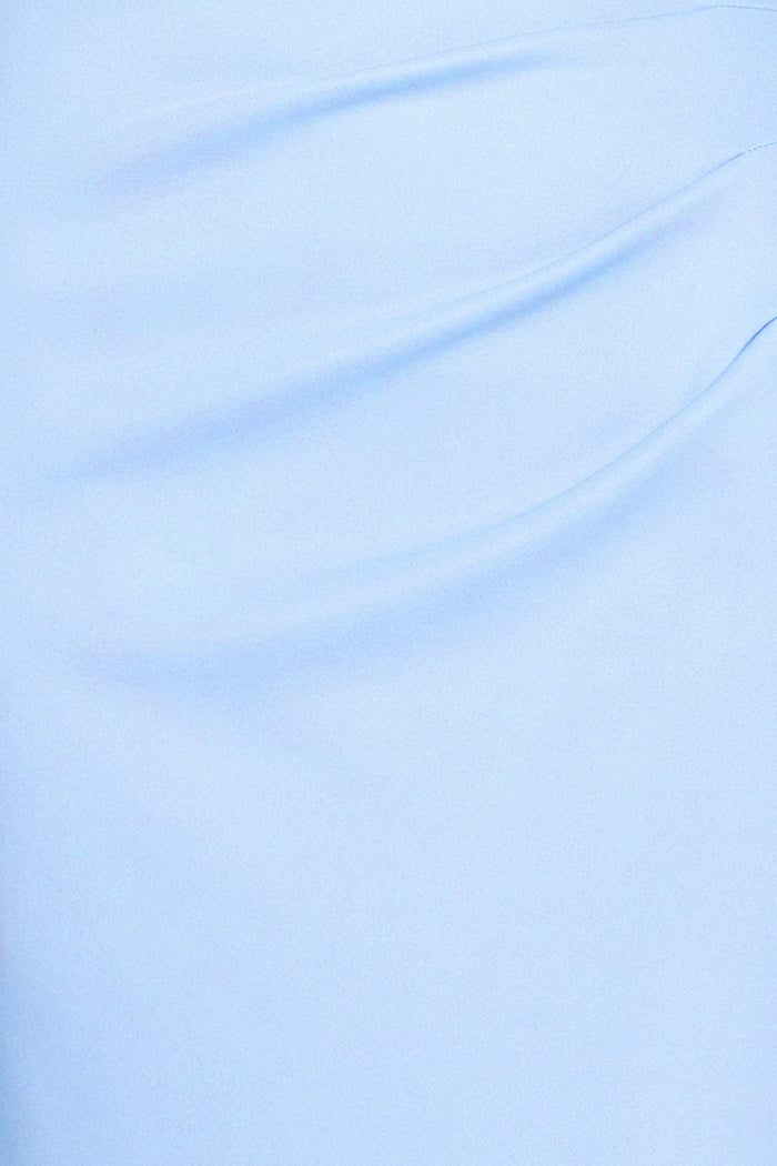 Periwinkle “Cami” Techno Scuba With Flower Shoulder Dress, techno scuba fabric and ruching detail