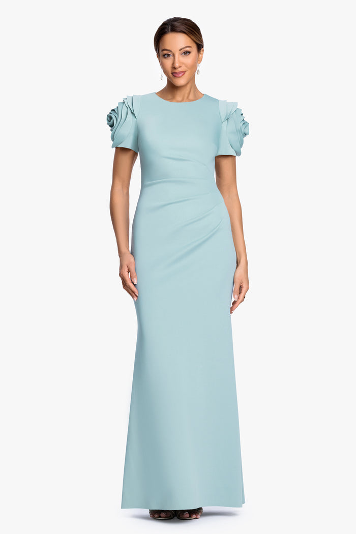 Sage “Cami” Techno Scuba With Flower Shoulder Dress, front view