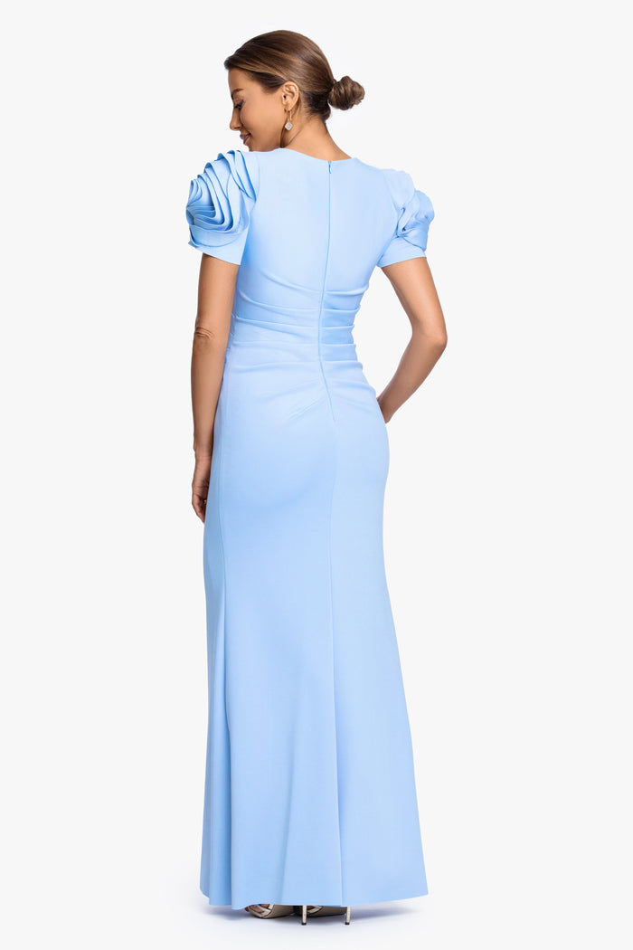 Periwinkle “Cami” Techno Scuba With Flower Shoulder Dress, back view