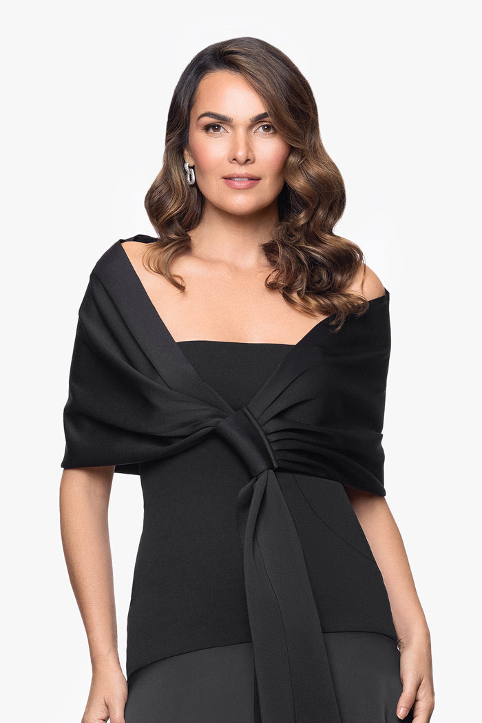 Black “Carol” Techno Scuba Pull Through Shawl Wrap, worn front view