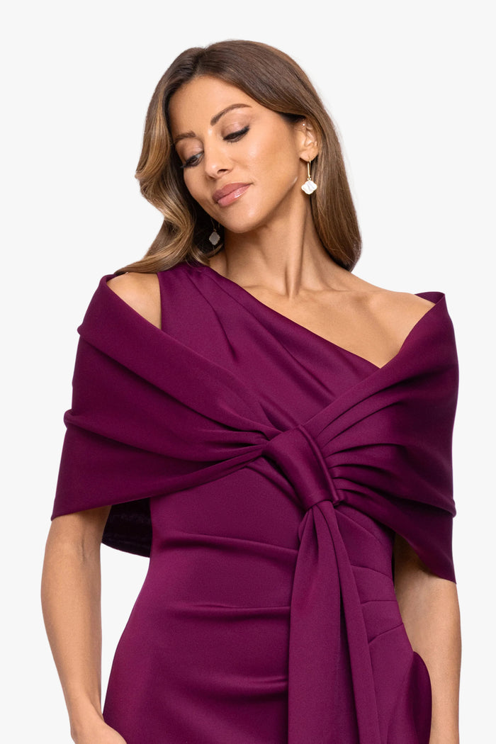 Raisin “Carol” Techno Scuba Pull Through Shawl Wrap, worn front view