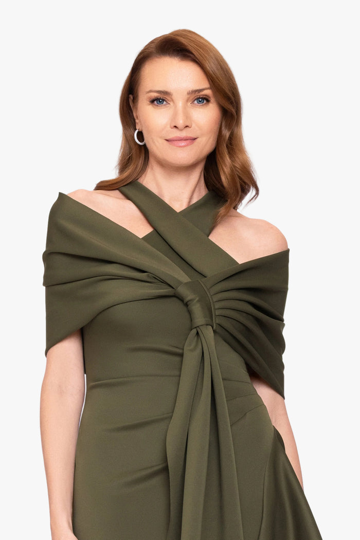 Olive “Carol” Techno Scuba Pull Through Shawl Wrap, worn front view