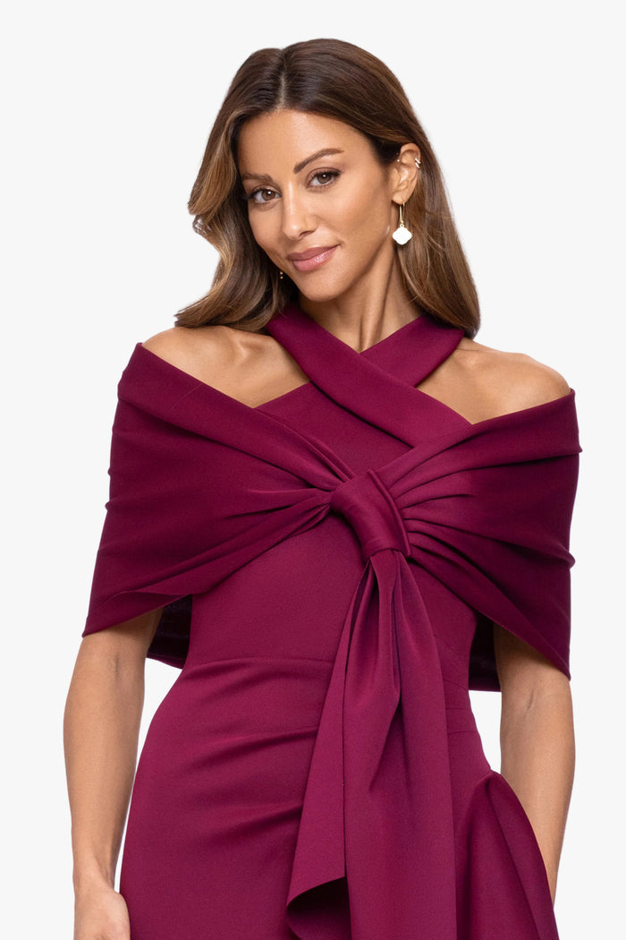 Wine “Carol” Techno Scuba Pull Through Shawl Wrap, worn front view