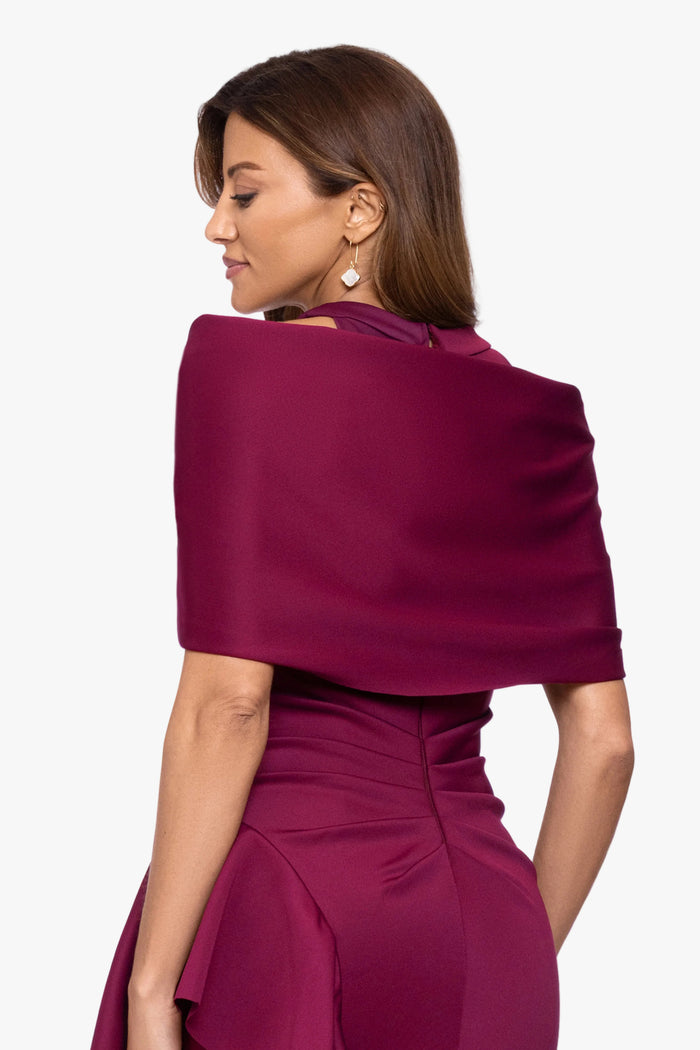 Wine “Carol” Techno Scuba Pull Through Shawl Wrap, worn back view