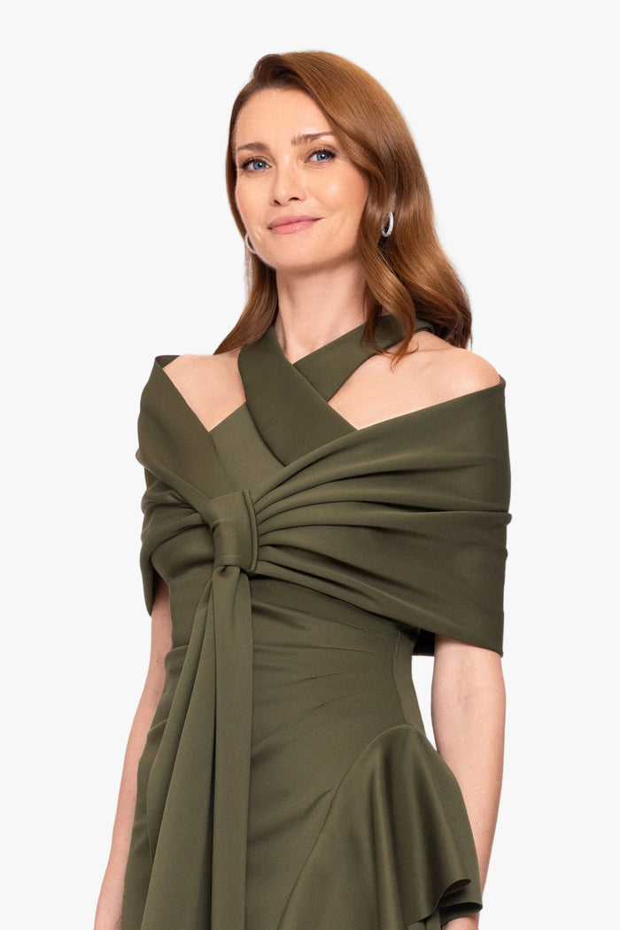 Olive “Carol” Techno Scuba Pull Through Shawl Wrap, three quarter view