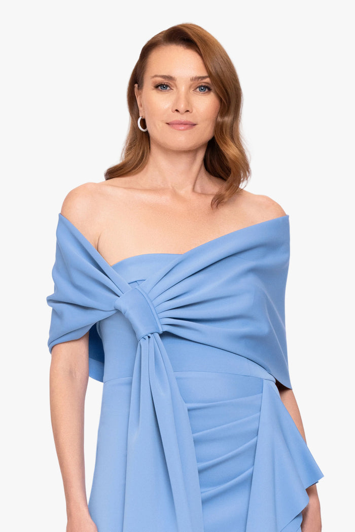 Slate “Carol” Techno Scuba Pull Through Shawl Wrap, worn front view