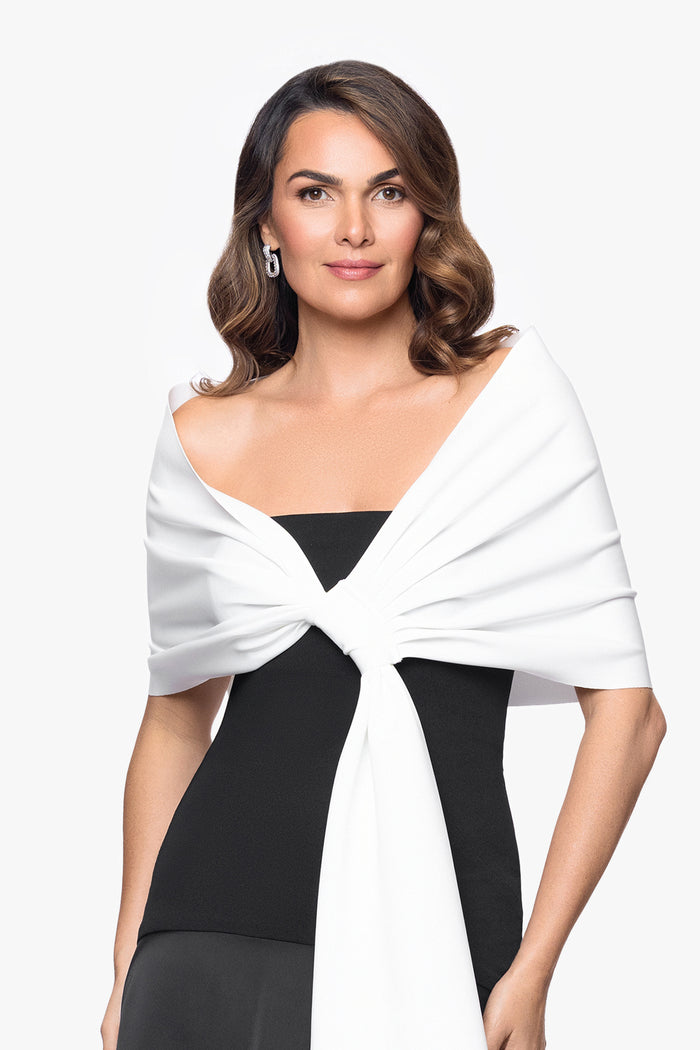 Ivory “Carol” Techno Scuba Pull Through Shawl Wrap, worn front view