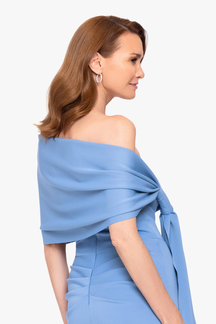 Slate “Carol” Techno Scuba Pull Through Shawl Wrap, worn back view