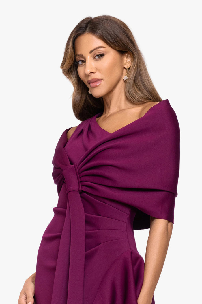 Raisin “Carol” Techno Scuba Pull Through Shawl Wrap, alternate worn front view