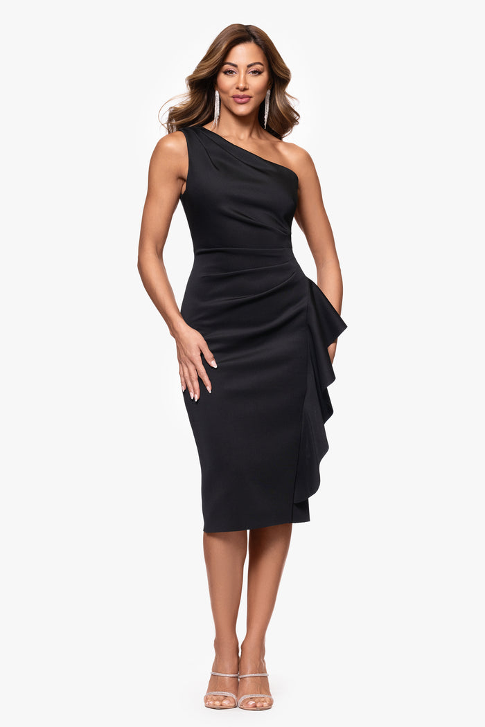 Black “Carrie” Techno Scuba One Shoulder Ruffle Dress, front view