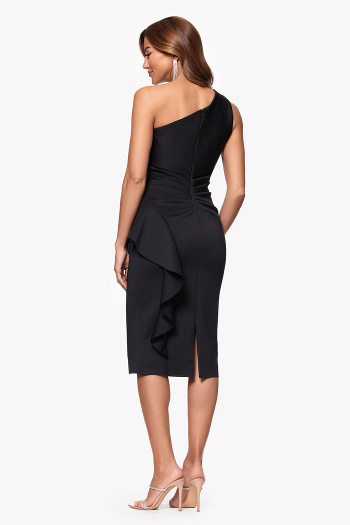 Black “Carrie” Techno Scuba One Shoulder Ruffle Dress, back view with slit