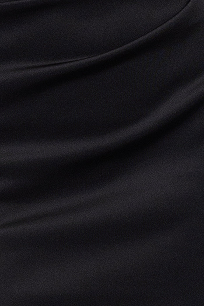 Black “Carrie” Techno Scuba One Shoulder Ruffle Dress, techno scuba fabric and ruching detail