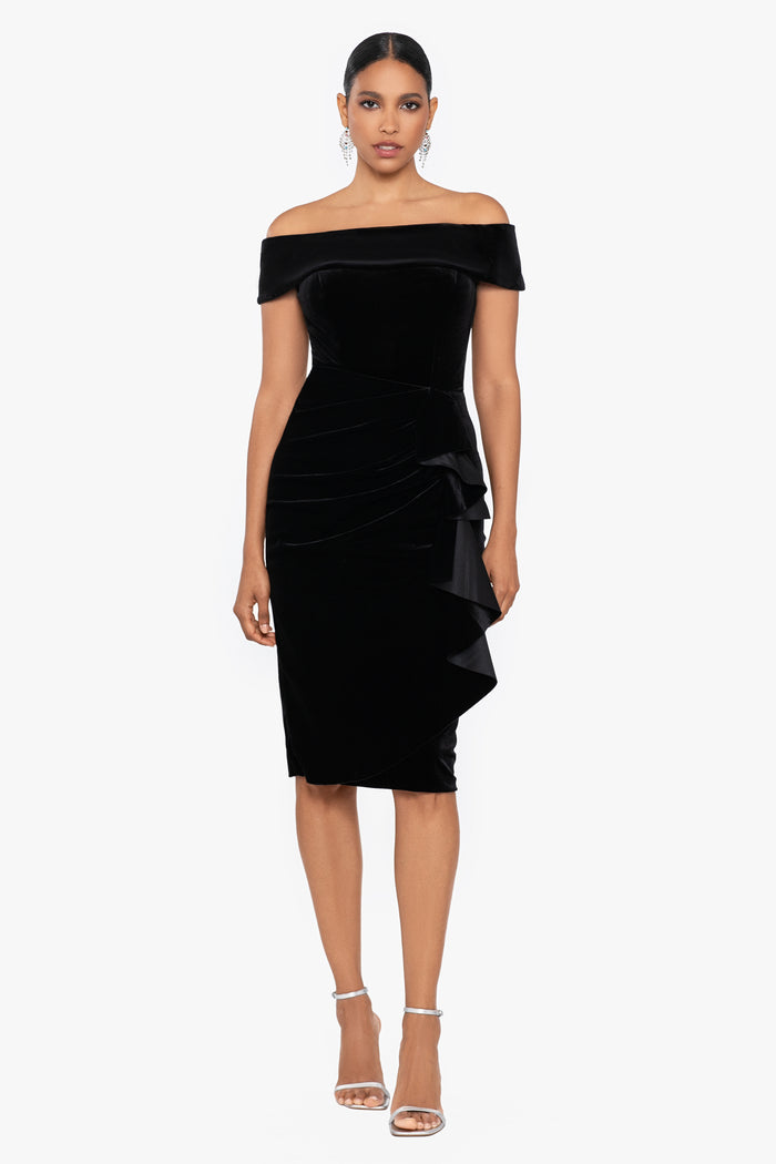 Black “Cassandra” Off the Shoulder Velvet Ruffle Dress, front view