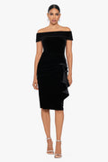 Black “Cassandra” Off the Shoulder Velvet Ruffle Dress, front view