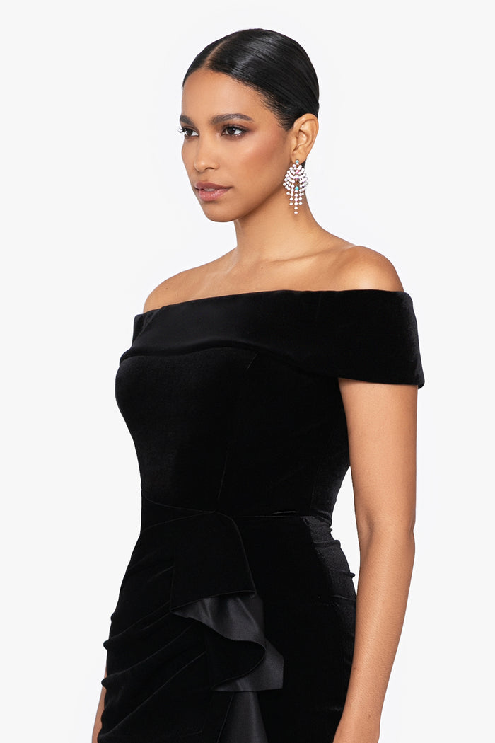 Black “Cassandra” Off the Shoulder Velvet Ruffle Dress, off-the-shoulder neckline, ruched waist, and cascading side ruffle detail