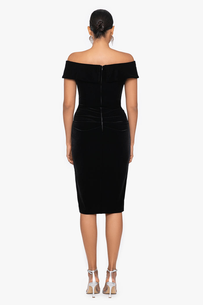 Black “Cassandra” Off the Shoulder Velvet Ruffle Dress, back view