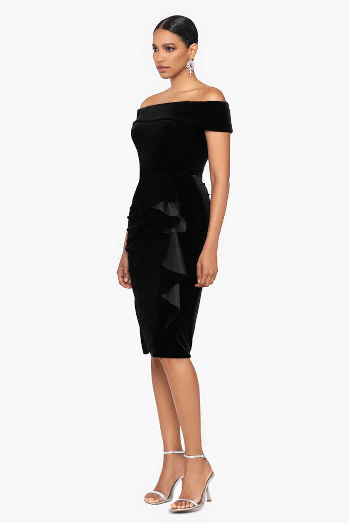 Black “Cassandra” Off the Shoulder Velvet Ruffle Dress, angled three-quarter view