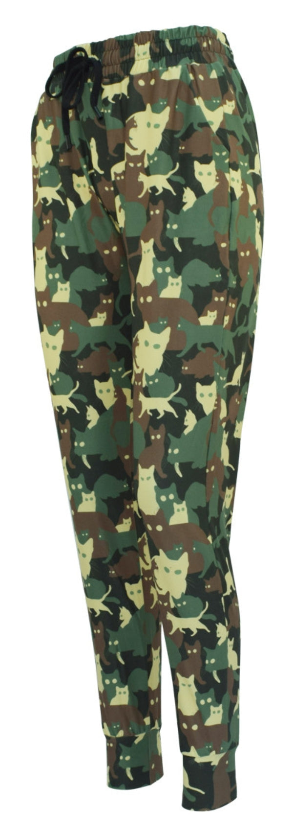 Slim fit Catoflage joggers with cat camouflage print, drawstring waist, cuffed bottoms, and pockets in soft fabric