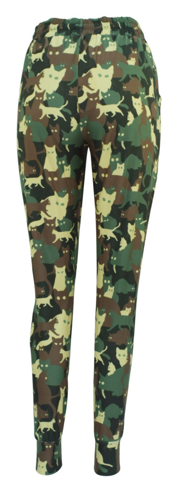 Slim fit Catoflage joggers with cat camouflage pattern, drawstring waist, cuffed bottoms, and pockets in soft fabric