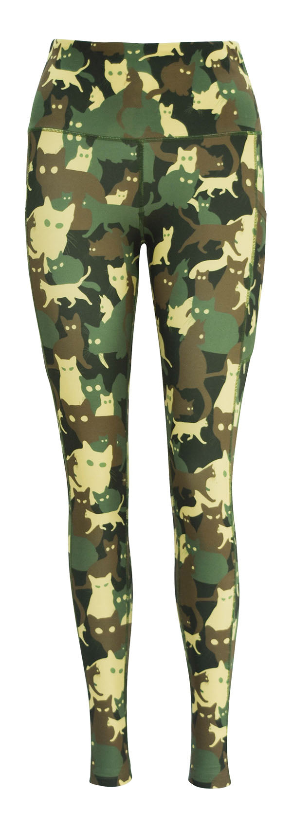 Women's leggings with cat camouflage print and deep side pockets for keys and phone, designed with extra stitching for a structured feel.
