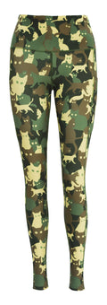 Women's leggings with cat camouflage print and deep side pockets for keys and phone, designed with extra stitching for a structured feel.