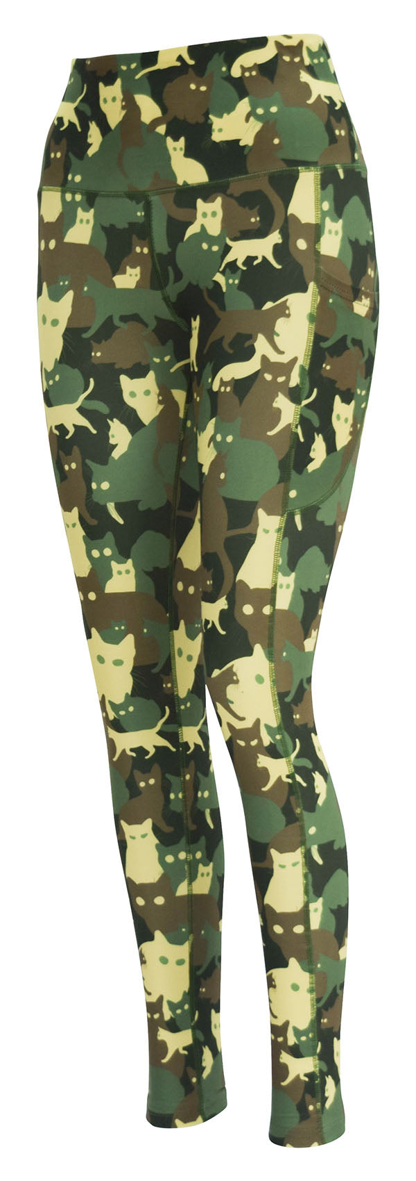 Leggings with cat-themed camouflage pattern and deep side pockets for keys and phone, featuring extra stitching for a structured feel