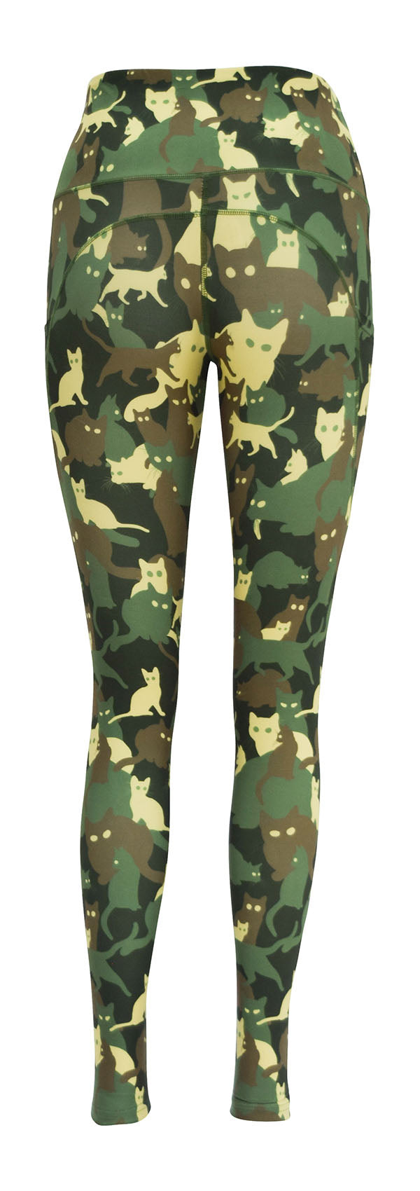 Women's leggings with cat-themed camouflage pattern and deep side pockets, featuring structured stitching for added support.