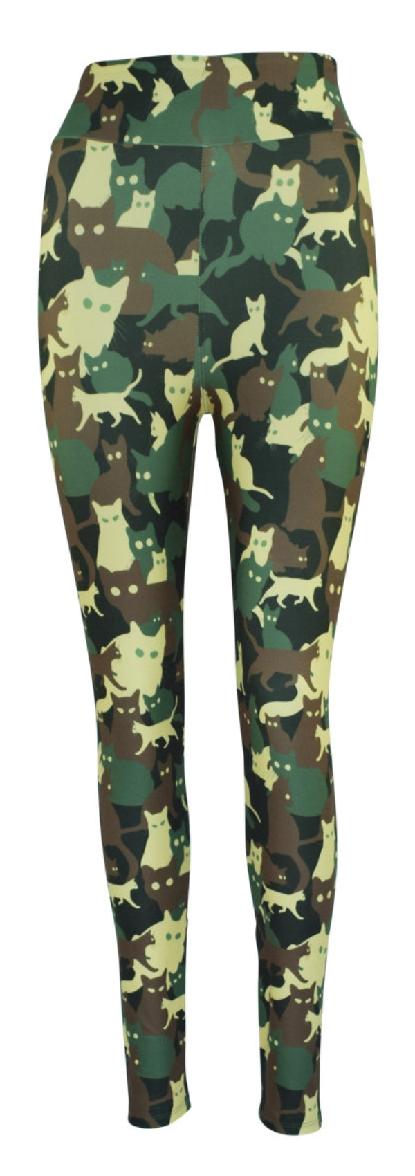 Leggings with green and brown cat camouflage pattern called Catoflage