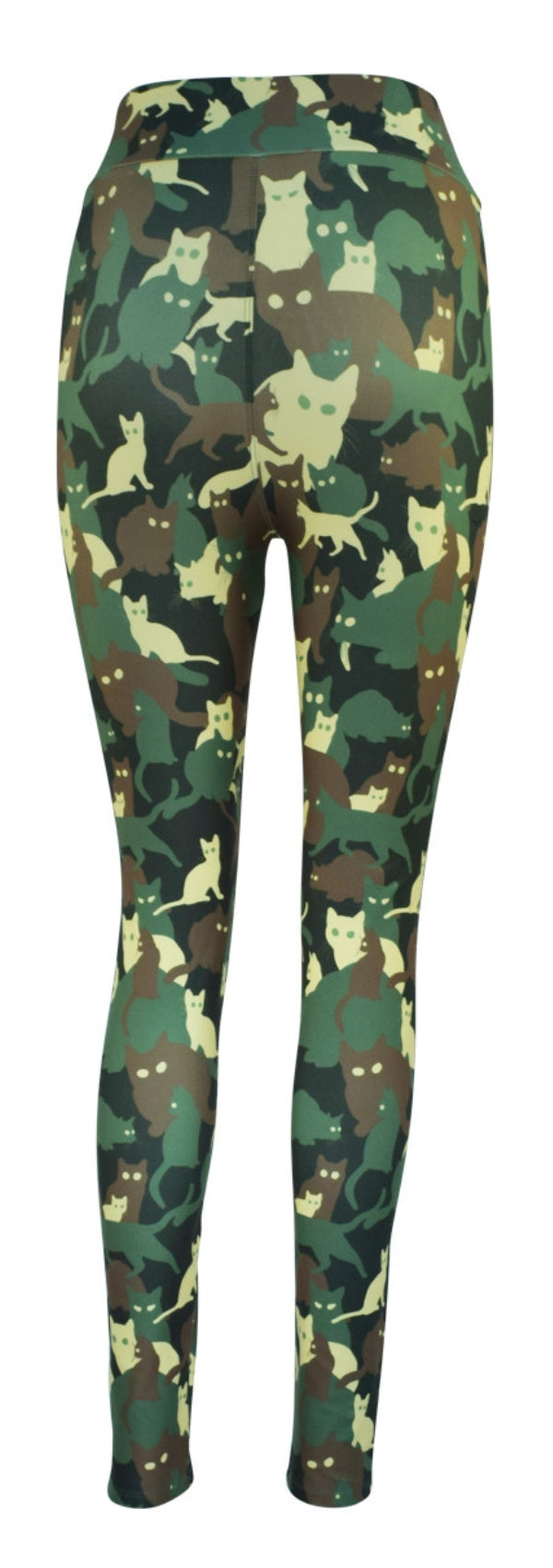 Leggings with green camouflage pattern featuring cat silhouettes called Catoflage design