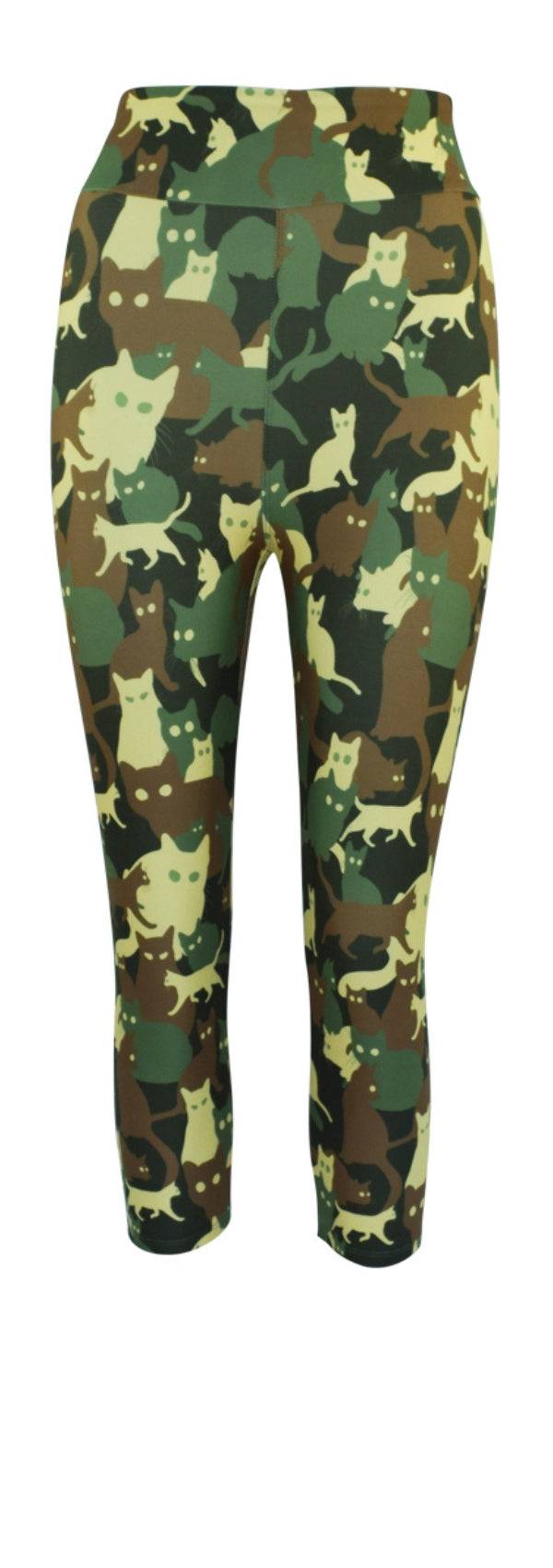 Leggings with cat-themed camouflage pattern called Catoflage in shades of green and brown