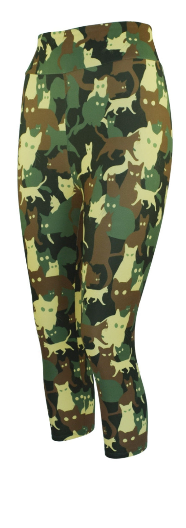Leggings with green and brown camouflage pattern featuring hidden cat shapes called Catoflage