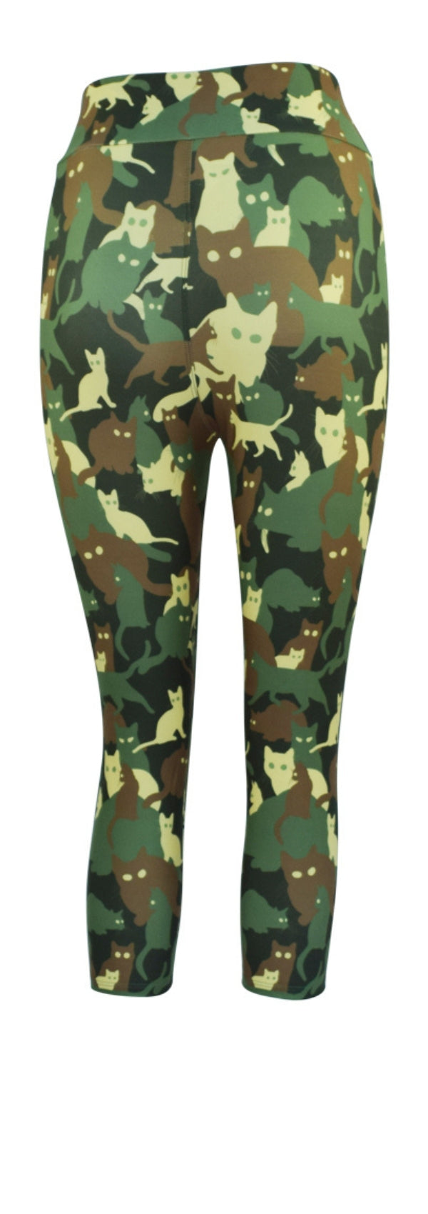 Leggings with green and brown camouflage pattern featuring cat silhouettes, Catoflage design