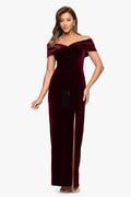 Burgundy “Charmaine” Velvet Off-the-Shoulder Gown, front view