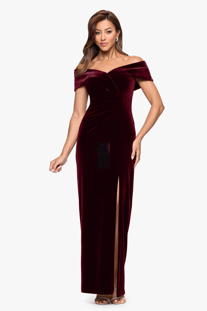 Burgundy “Charmaine” Velvet Off-the-Shoulder Gown, front view