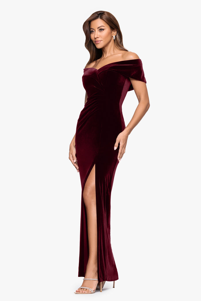 Burgundy “Charmaine” Velvet Off-the-Shoulder Gown, angled three-quarter view