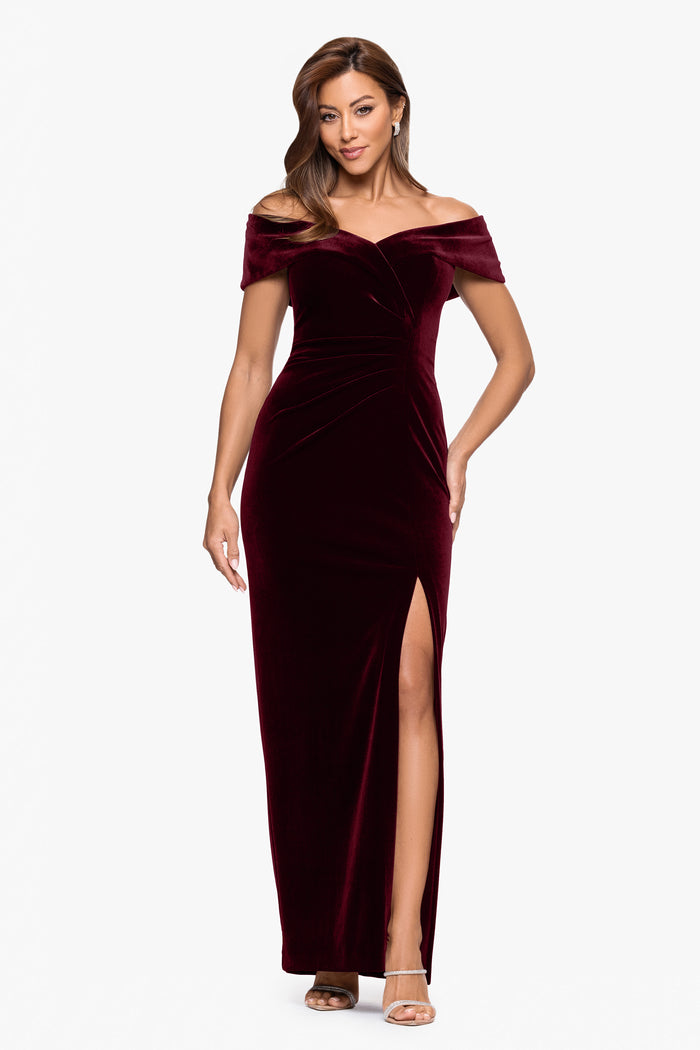 Burgundy “Charmaine” Velvet Off-the-Shoulder Gown, alternate front view