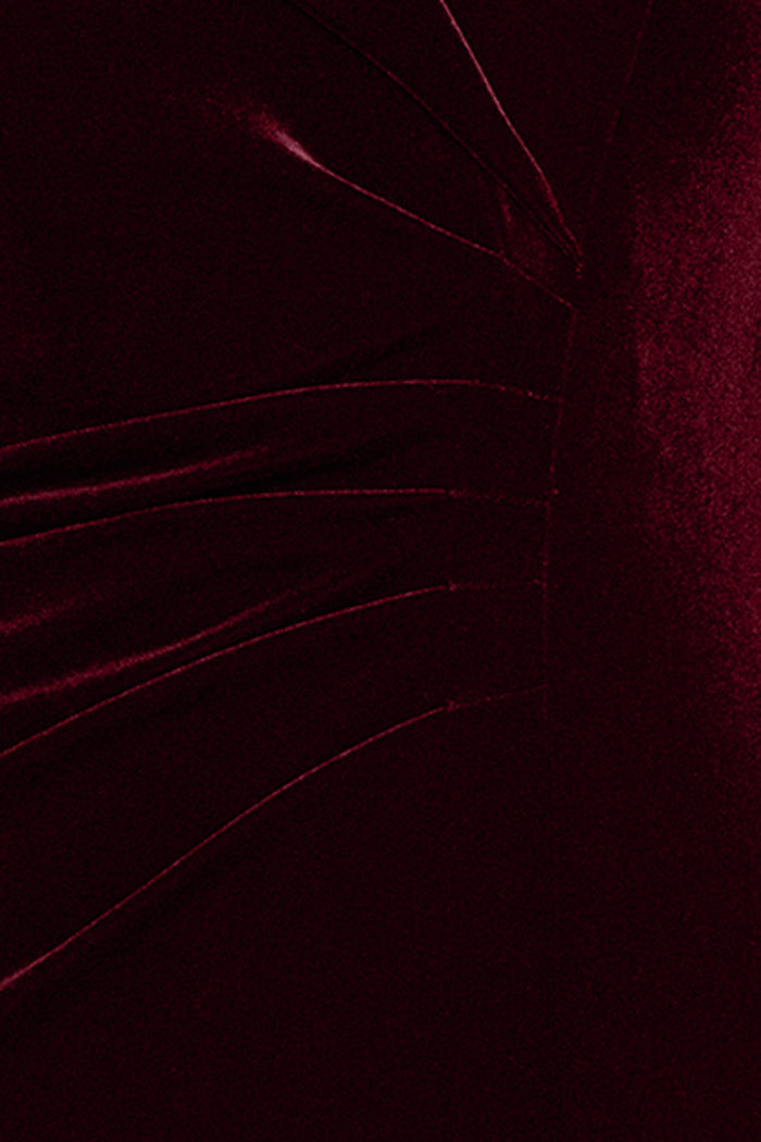 Burgundy “Charmaine” Velvet Off-the-Shoulder Gown, velvet fabric detail