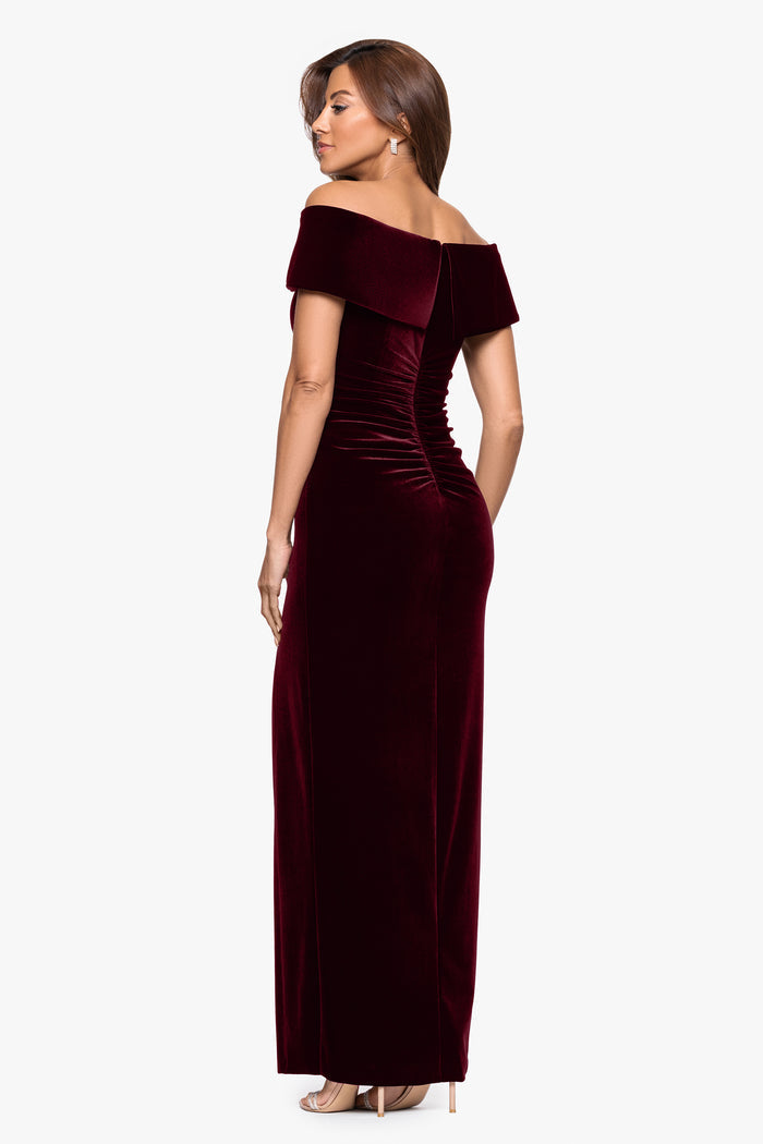 Burgundy “Charmaine” Velvet Off-the-Shoulder Gown, back view
