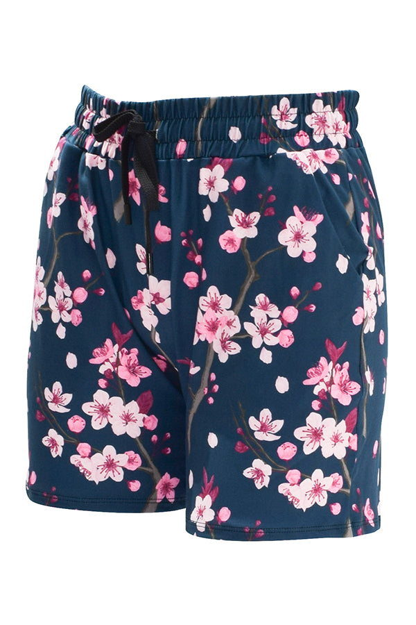 Navy jogger shorts with pink cherry blossom floral print and elastic waistband with drawstring