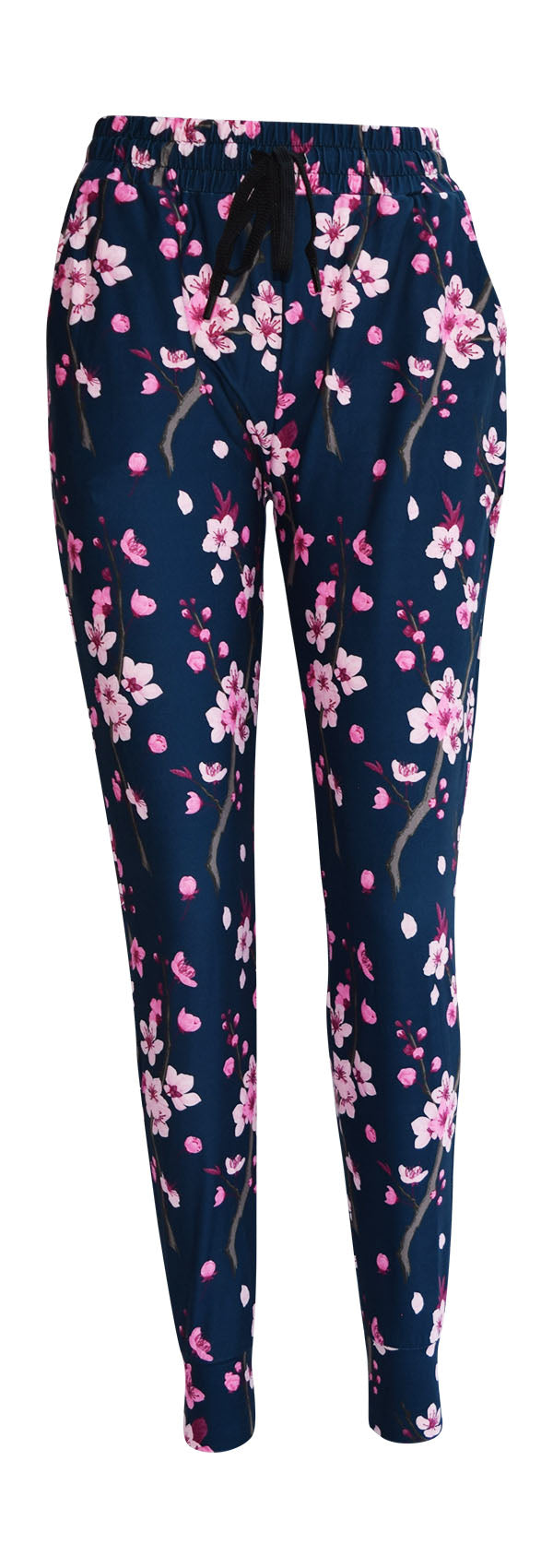 Slim fit Cherry Blossom Joggers with pink floral print on dark blue background, cuffed bottoms, drawstring waist, and pockets.