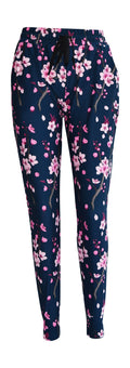 Slim fit Cherry Blossom Joggers with pink floral print on dark blue background, cuffed bottoms, drawstring waist, and pockets.