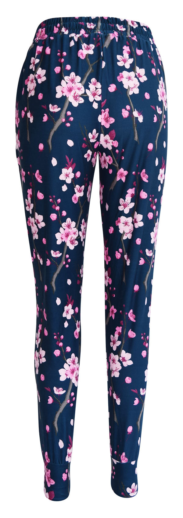 Slim fit cherry blossom joggers with pink flowers on dark blue background, cuffed bottoms, drawstring waist, and pockets.