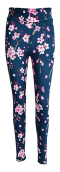Kids leggings with pink cherry blossom print on dark blue background