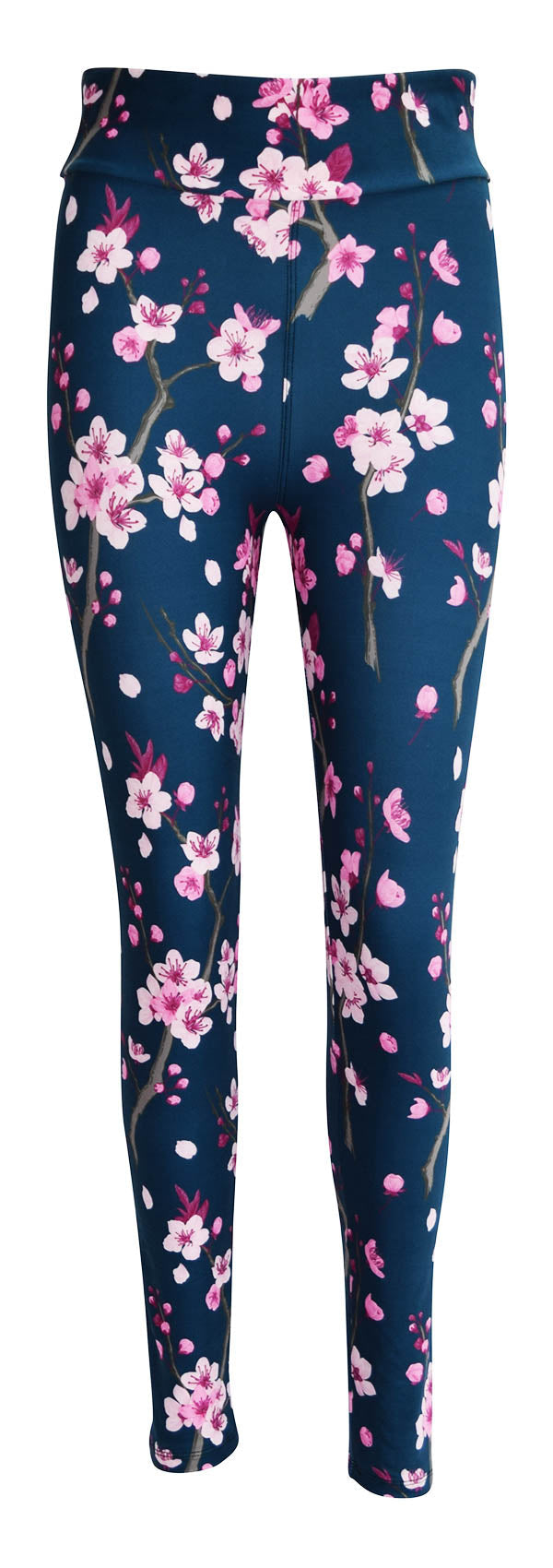 Kids leggings with pink cherry blossom print on dark blue background